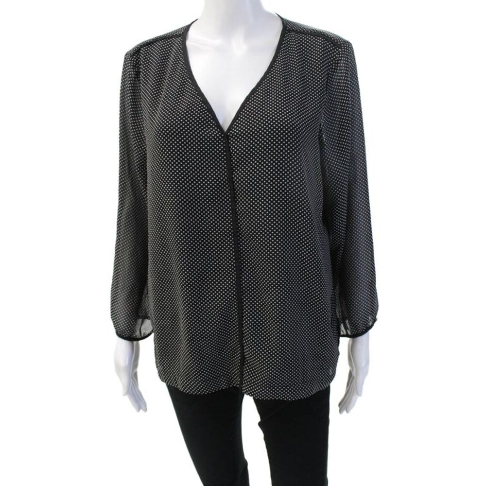 DKNY Womens Black Polka Dot V-Neck Long Sleeve Basic Blouse Size L